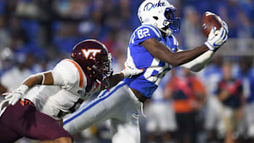 DURHAM, NC - SEPTEMBER 29: Bryce Watts #5 of the Virginia Tech Hokies defends a pass to Chris Taylor #82 of the Duke Blue Devils during their game at Wallace Wade Stadium on September 29, 2018 in Durham, North Carolina. (Photo by Grant Halverson/Getty Images)