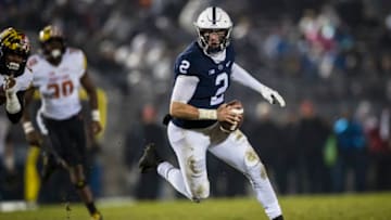 STATE COLLEGE, PA - NOVEMBER 24: Tommy Stevens #2 of the Penn State Nittany Lions rushes with the ball against the Maryland Terrapins during the second half at Beaver Stadium on November 24, 2018 in State College, Pennsylvania. (Photo by Scott Taetsch/Getty Images)