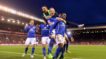 LIVERPOOL, ENGLAND - JANUARY 1: Leicester's Jeff Schlupp celebrates his equalising goal to make it 2-2 during the Premier League match between Liverpool and Leicester City at Anfield on January 1, 2015 in Liverpool, England. (Photo by Plumb Images/Leicester City FC via Getty Images)
