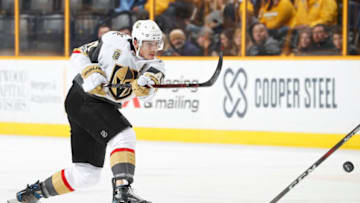NASHVILLE, TN - DECEMBER 8: Luca Sbisa #47 of the Vegas Golden Knights shoots the puck against the Nashville Predators during an NHL game at Bridgestone Arena on December 8, 2017 in Nashville, Tennessee.(Photo by John Russell/NHLI via Getty Images)