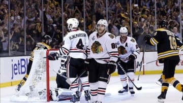 Jun 24, 2013; Boston, MA, USA; Chicago Blackhawks right wing Patrick Kane (88) reacts after a goal is scored by Boston Bruins left wing Milan Lucic (not pictured) during the third period in game six of the 2013 Stanley Cup Final at TD Garden. Mandatory Credit: Greg M. Cooper-USA TODAY Sports