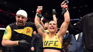 CLEVELAND, OH - SEPTEMBER 10: Jessica Andrade of Brazil celebrates after defeating Joanne Calderwood of Scotland in their strawweight bout during the UFC 203 event at Quicken Loans Arena on September 10, 2016 in Cleveland, Ohio. (Photo by Josh Hedges/Zuffa LLC/Zuffa LLC via Getty Images)