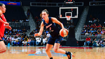ATLANTA, GA - JUNE 6: Haley Peters #17 of the Atlanta Dream handles the ball against the Las Vegas Aces on June 6, 2019 at State Farm Arena in Atlanta, Georgia. NOTE TO USER: User expressly acknowledges and agrees that, by downloading and/or using this photograph, user is consenting to the terms and conditions of the Getty Images License Agreement. Mandatory Copyright Notice: Copyright 2019 NBAE (Photo by Scott Cunningham/NBAE via Getty Images)