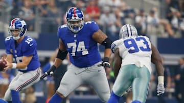 Sep 11, 2016; Arlington, TX, USA; New York Giants offensive tackle Ereck Flowers (74) blocks Dallas Cowboys defensive end Benson Mayowa (93) in the game at AT&T Stadium. New York won 20-19. Mandatory Credit: Tim Heitman-USA TODAY Sports