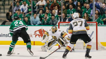 DALLAS, TX - MARCH 15: Dallas Stars left wing Roope Hintz (24) shoots and scores a goal against Vegas Golden Knights goaltender Marc-Andre Fleury (29) during the game between the Dallas Stars and the Vegas Golden Knights on March 15, at the American Airlines Center in Dallas, Texas. (Photo by Matthew Pearce/Icon Sportswire via Getty Images)