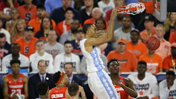 Apr 2, 2016; Houston, TX, USA; North Carolina Tar Heels forward Brice Johnson (11) dunks over Syracuse Orange forward Tyler Roberson (21) during the first half in the 2016 NCAA Men