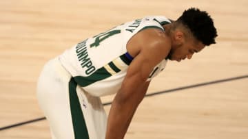 LAKE BUENA VISTA, FLORIDA - SEPTEMBER 04: Giannis Antetokounmpo #34 of the Milwaukee Bucks reacts during the third quarter against the Miami Heat in Game Three of the Eastern Conference Second Round during the 2020 NBA Playoffs at the Field House at the ESPN Wide World Of Sports Complex on September 04, 2020 in Lake Buena Vista, Florida. NOTE TO USER: User expressly acknowledges and agrees that, by downloading and or using this photograph, User is consenting to the terms and conditions of the Getty Images License Agreement. (Photo by Mike Ehrmann/Getty Images)