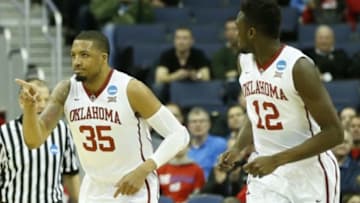 Mar 20, 2015; Columbus, OH, USA; Oklahoma Sooners forward TaShawn Thomas (35) reacts during the first half against the Albany Great Danes in the second round of the 2015 NCAA Tournament at Nationwide Arena. Mandatory Credit: Greg Bartram-USA TODAY Sports