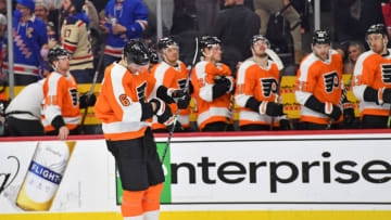Mar 1, 2023; Philadelphia, Pennsylvania, USA; Philadelphia Flyers defenseman Travis Sanheim (6) and teammates head off the ice after overtime loss to the New York Rangers at Wells Fargo Center. Mandatory Credit: Eric Hartline-USA TODAY Sports