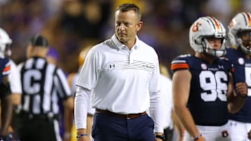 Auburn footballBATON ROUGE, LOUISIANA - OCTOBER 02: Head coach Bryan Harsin of the Auburn Tigers reacts against the LSU Tigers during a game at Tiger Stadium on October 02, 2021 in Baton Rouge, Louisiana. (Photo by Jonathan Bachman/Getty Images)