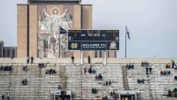 Nov 15, 2014; South Bend, IN, USA; Snow covers part of the seating area at Notre Dame Stadium before the game between the Notre Dame Fighting Irish and the Northwestern Wildcats. Mandatory Credit: Matt Cashore-USA TODAY Sports