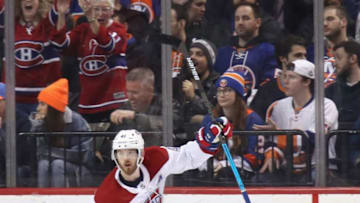 NEW YORK, NEW YORK - MARCH 03: Paul Byron #41 of the Montreal Canadiens celebrates his second period short-handed goal against the New York Islanders at the Barclays Center on March 03, 2020 in the Brooklyn borough of New York City. (Photo by Bruce Bennett/Getty Images)