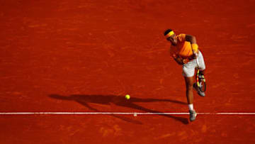 MONTE-CARLO, MONACO - APRIL 18: Rafael Nadal of Spain serving during his Mens Singles match against Aljaz Bedene of Slovenia at Monte-Carlo Sporting Club on April 18, 2018 in Monte-Carlo, Monaco. (Photo by Julian Finney/Getty Images)