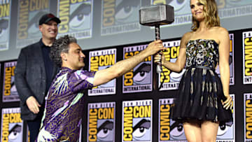 SAN DIEGO, CALIFORNIA - JULY 20: (L-R) President of Marvel Studios Kevin Feige, Director Taika Waititi and Natalie Portman of Marvel Studios' 'Thor: Love and Thunder' at the San Diego Comic-Con International 2019 Marvel Studios Panel in Hall H on July 20, 2019 in San Diego, California. (Photo by Alberto E. Rodriguez/Getty Images for Disney)
