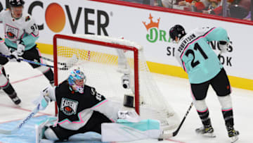 SUNRISE, FLORIDA - FEBRUARY 04: Jason Robertson #21 of the Dallas Stars takes a shot against Andrei Vasilevskiy #88 and the Tampa Bay Lightning during the 2023 NHL All-Star Game between the Central Division and the Atlantic Division at FLA Live Arena on February 04, 2023 in Sunrise, Florida. (Photo by Mike Ehrmann/Getty Images)