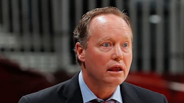 ATLANTA, GA - DECEMBER 30: Mike Budenholzer of the Atlanta Hawks reacts after a foul during the game against the Portland Trail Blazers at Philips Arena on December 30, 2017 in Atlanta, Georgia. NOTE TO USER: User expressly acknowledges and agrees that, by downloading and or using this photograph, User is consenting to the terms and conditions of the Getty Images License Agreement. (Photo by Kevin C. Cox/Getty Images)