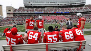 Offensive line coach Greg Studrawa talks to Team Brutus players during the Ohio State Buckeyes football spring game at Ohio Stadium in Columbus on Saturday, April 17, 2021.Ohio State Football Spring Game