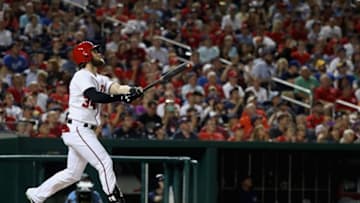 WASHINGTON, DC - JULY 26: Bryce Harper #34 of the Washington Nationals flies out against the Milwaukee Brewers at Nationals Park on July 26, 2017 in Washington, DC. (Photo by Rob Carr/Getty Images)