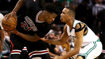 BOSTON, MA - APRIL 26: Avery Bradley #0 of the Boston Celtics defends Jimmy Butler #21 of the Chicago Bulls during the third quarter of Game Five of the Eastern Conference Quarterfinals at TD Garden on April 26, 2017 in Boston, Massachusetts. NOTE TO USER: User expressly acknowledges and agrees that, by downloading and or using this Photograph, user is consenting to the terms and conditions of the Getty Images License Agreement. (Photo by Maddie Meyer/Getty Images)