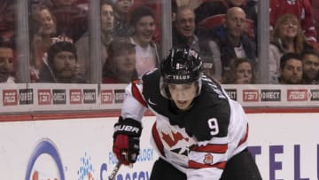 VANCOUVER, BC - DECEMBER 31: Joe Veleno #9 of Canada skates with the puck against Russia in Group A hockey action of the 2019 IIHF World Junior Championship on December, 31, 2018 at Rogers Arena in Vancouver, British Columbia, Canada. (Photo by Rich Lam/Getty Images)