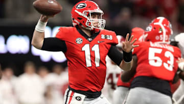 ATLANTA, GA - JANUARY 08: Jake Fromm #11 of the Georgia football Bulldogs throws a pass during the second quarter against the Alabama Crimson Tide in the CFP National Championship presented by AT&T at Mercedes-Benz Stadium on January 8, 2018 in Atlanta, Georgia. (Photo by Christian Petersen/Getty Images)