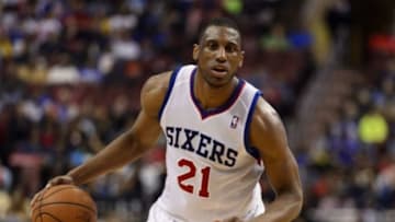 Mar 14, 2014; Philadelphia, PA, USA; Philadelphia 76ers forward Thaddeus Young (21) during the fourth quarter against the Indiana Pacers at the Wells Fargo Center. The Pacers defeated the Sixers 101-94. Mandatory Credit: Howard Smith-USA TODAY Sports