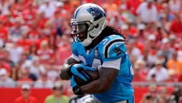 Sep 7, 2014; Tampa, FL, USA; Carolina Panthers running back DeAngelo Williams (34) runs the ball against the Tampa Bay Buccaneers at Raymond James Stadium. Mandatory Credit: David Manning-USA TODAY Sports