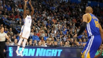 Jan 16, 2015; Oklahoma City, OK, USA; Oklahoma City Thunder guard Anthony Morrow (2) shoots a 3 point shot in the final seconds of the third quarter against the Golden State Warriors at Chesapeake Energy Arena. Mandatory Credit: Mark D. Smith-USA TODAY Sports
