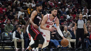 Mar 18, 2023; Chicago, Illinois, USA; Miami Heat guard Gabe Vincent (2) defends Chicago Bulls guard Zach LaVine (8) during the first half at United Center. Mandatory Credit: David Banks-USA TODAY Sports