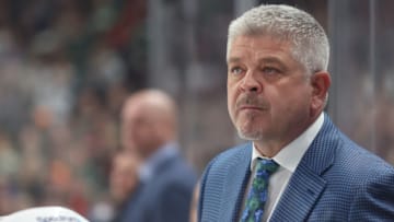 Apr 10, 2022; Saint Paul, Minnesota, USA; Los Angeles Kings head coach Todd McLellan looks on during the third period against the Minnesota Wild at Xcel Energy Center. Mandatory Credit: Matt Krohn-USA TODAY Sports