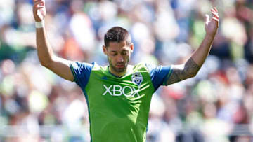 Apr 30, 2016; Seattle, WA, USA; Seattle Sounders forward Clint Dempsey (2) raises his arms during the first half against the Columbus Crew at CenturyLink Field. Mandatory Credit: Jennifer Buchanan-USA TODAY Sports