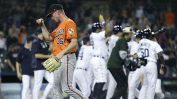 DETROIT, MI - SEPTEMBER 14: Ryan Eades #36 of the Baltimore Orioles leaves the field after giving up a walk-off grand slam to John Hicks of the Detroit Tigers during the 12th inning at Comerica Park on September 14, 2019 in Detroit, Michigan. (Photo by Duane Burleson/Getty Images)