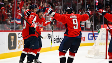 Conor Sheary, Lars Eller, Dmitry Orlov, Washington Capitals Mandatory Credit: Brad Mills-USA TODAY Sports