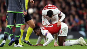 LONDON, ENGLAND - NOVEMBER 08: Henrikh Mkhitaryan of Arsenal stands over Danny Welbeck of Arsenal as he is injured during the UEFA Europa League Group E match between Arsenal and Sporting CP at Emirates Stadium on November 8, 2018 in London, United Kingdom. (Photo by Richard Heathcote/Getty Images)