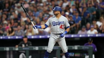 DENVER, COLORADO - JUNE 29: Edwin Rios #43 of the Los Angeles Dodgers bats in the eighth inning against the Colorado Rockies at Coors Field on June 29, 2019 in Denver, Colorado. (Photo by Matthew Stockman/Getty Images)