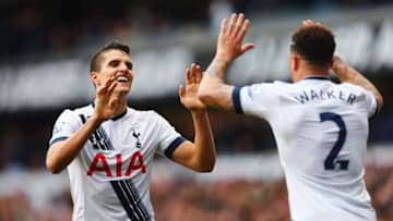 LONDON, UNITED KINGDOM - APRIL 10: Erik Lamela of Tottenham Hotspur celebrates with Kyle Walker (2) as he scores their third goal during the Barclays Premier League match between Tottenham Hotspur and Manchester United at White Hart Lane on April 10, 2016 in London, England. (Photo by Clive Rose/Getty Images)