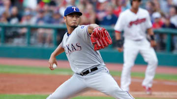 CLEVELAND, OH - JUNE 28: Starting pitcher Yu Darvish #11 of the Texas Rangers pitches against the Cleveland Indians during the first inning at Progressive Field on June 28, 2017 in Cleveland, Ohio. (Photo by Ron Schwane/Getty Images)