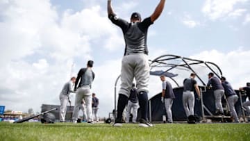 PORT CHARLOTTE, FLORIDA - FEBRUARY 24: L.J. Mazzilli #61 of the New York Yankees warms up prior to the Grapefruit League spring training game against the Tampa Bay Rays at Charlotte Sports Park on February 24, 2019 in Port Charlotte, Florida. (Photo by Michael Reaves/Getty Images)