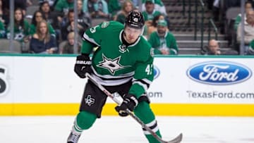 May 1, 2016; Dallas, TX, USA; Dallas Stars right wing Valeri Nichushkin (43) skates against the St. Louis Blues during game two of the first round of the 2016 Stanley Cup Playoffs at the American Airlines Center. The Blues win 4-3 in overtime. Mandatory Credit: Jerome Miron-USA TODAY Sports