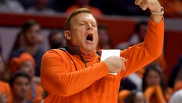 Nov 9, 2021; Champaign, Illinois, USA; Illinois Fighting Illini head coach Brad Underwood signals in the second half against Jackson State at State Farm Center. Mandatory Credit: Ron Johnson-USA TODAY Sports