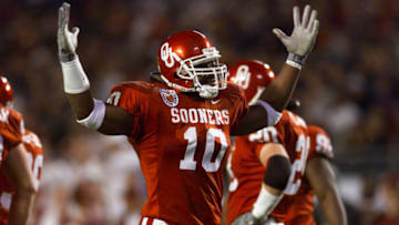 3 Jan 2001: Torrance Marshall #10 of the Oklahoma Sooners celebrates stopping the Florida State Seminoles during the Orange Bowl at Pro Player Stadium in Miami, Florida. DIGITAL IMAGE Mandatory Credit: Brian Bahr/ALLSPORT