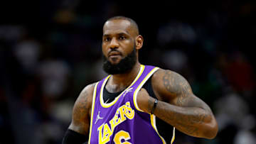 NEW ORLEANS, LOUISIANA - MARCH 27: LeBron James #6 of the Los Angeles Lakers stands on the court prior to the start of an NBA game against the New Orleans Pelicans at Smoothie King Center on March 27, 2022 in New Orleans, Louisiana. NOTE TO USER: User expressly acknowledges and agrees that, by downloading and or using this photograph, User is consenting to the terms and conditions of the Getty Images License Agreement. (Photo by Sean Gardner/Getty Images)