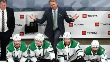 EDMONTON, ALBERTA - AUGUST 31: Head coach Rick Bowness of the Dallas Stars reacts after Joe Pavelski #16 is called for a 10-minute misconduct against the Colorado Avalanche during the third period in Game Five of the Western Conference Second Round during the 2020 NHL Stanley Cup Playoffs at Rogers Place on August 31, 2020 in Edmonton, Alberta, Canada. (Photo by Bruce Bennett/Getty Images)