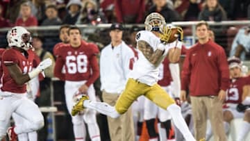 Nov 28, 2015; Stanford, CA, USA; Notre Dame Fighting Irish wide receiver William Fuller (7) catches a pass for a touchdown in front of Stanford Cardinal cornerback Terrence Alexander (11) in the second quarter at Stanford Stadium. Mandatory Credit: Matt Cashore-USA TODAY Sports
