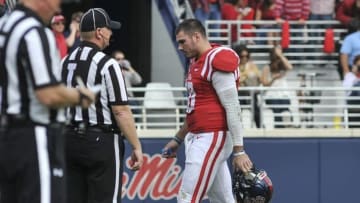 Nov 5, 2016; Oxford, MS, USA; Mississippi Rebels quarterback Chad Kelly (10) walks off the field during the second half against Georgia Southern Eagles at Vaught-Hemingway Stadium. Mandatory Credit: Justin Ford-USA TODAY Sports