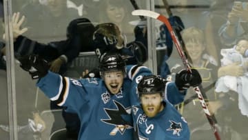 May 19, 2016; San Jose, CA, USA; San Jose Sharks center Tomas Hertl (48) is congratulated by center Joe Pavelski (8) for scoring a goal against the St. Louis Blues during the first period in game three of the Western Conference Final of the 2016 Stanley Cup Playoffs at SAP Center at San Jose. Mandatory Credit: John Hefti-USA TODAY Sports
