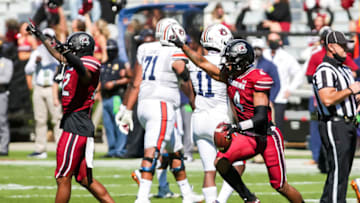 South Carolina Gamecocks defensive back Jaylin Dickerson (4) celebrates an interception. Mandatory Credit: Jeff Blake-USA TODAY Sports