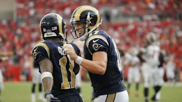 Sep 25, 2016; Tampa, FL, USA; Los Angeles Rams wide receiver Tavon Austin (11) is congratulated by quarterback Case Keenum (17) after he scored a touchdown against the Tampa Bay Buccaneers during the second half at Raymond James Stadium. Mandatory Credit: Kim Klement-USA TODAY Sports