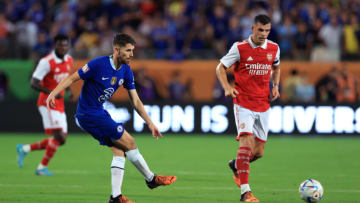 ORLANDO, FLORIDA - JULY 23: Jorginho of Chelsea passes the ball whilst under pressure from Granit Xhaka of Arsenal during the Florida Cup match between Chelsea and Arsenal at Camping World Stadium on July 23, 2022 in Orlando, Florida. (Photo by Sam Greenwood/Getty Images)
