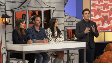 Left to Right: special guest judge Jocelin Donahue, judges Todd Tucker and Shinmin Li look on as host Jonathan Bennett declares the winner of Episode 4 Spine Chiller challenge "Trapped with a monster", as seen on Halloween Wars, Season 10. Photo provided by Food Network
